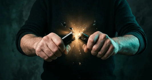Hands breaking vape device in half with light emerging from break point