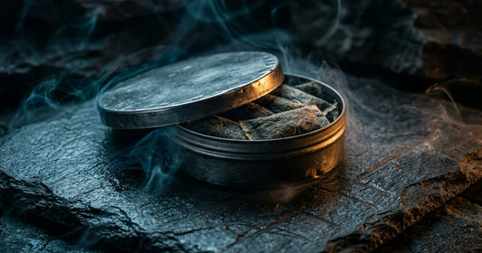 Metallic pouch tin on dark slate with blue smoke, Norse warrior aesthetic