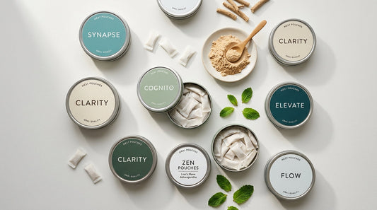 Best nootropic pouches 2026 comparison — tins of focus pouches with mint leaves and adaptogen powder on white surface