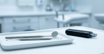Dental mirror and explorer tools next to vape device on clinical white tray