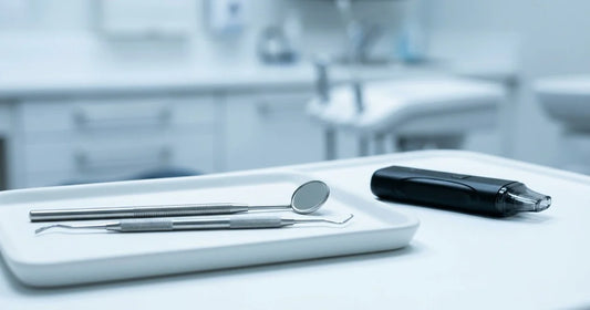 Dental mirror and explorer tools next to vape device on clinical white tray