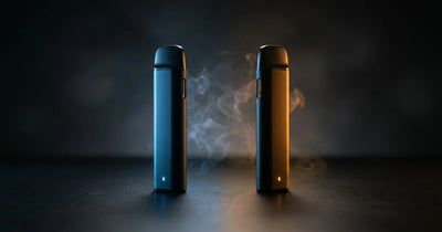 Cyclone Pods vs Geek Bar nicotine-free vape comparison — two devices side by side with split blue and amber lighting