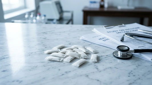 Nicotine pouches on marble surface next to stethoscope and medical research papers