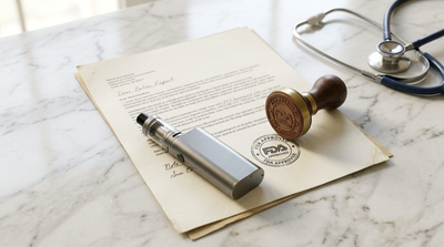 FDA approval stamp on document next to vape device and stethoscope — FDA approved vapes