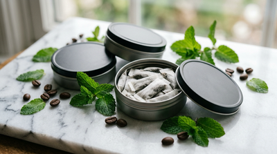 Energy pouches in metal tins with mint leaves and coffee beans — flow pouches review
