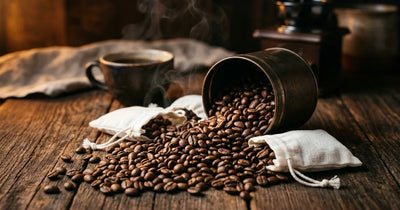 Coffee beans spilling from tin with coffee pouches on rustic wooden surface