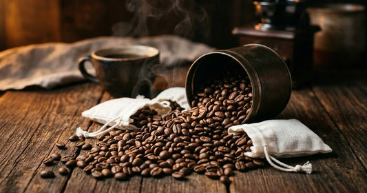 Coffee beans spilling from tin with coffee pouches on rustic wooden surface