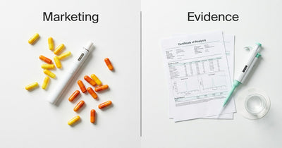 Split image: marketing side with vitamin capsules versus evidence side with certificate of analysis and lab pipette
