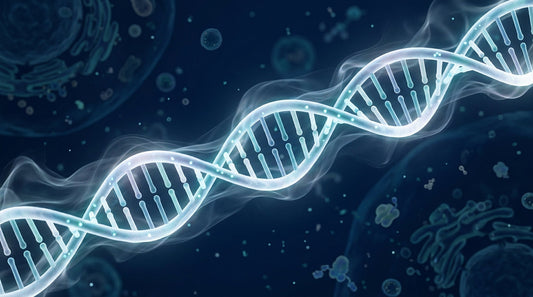 DNA double helix with vapor wisps — scientific illustration of vaping and cancer research