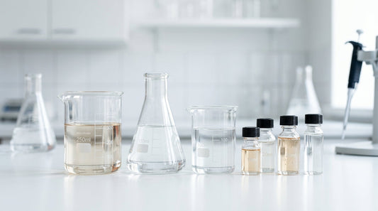 Laboratory beakers and vials containing clear liquids on white lab bench