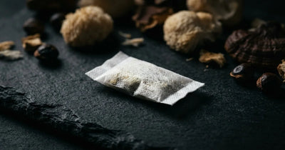 White oral focus pouch on dark slate surface surrounded by lion's mane mushrooms, reishi, and guarana seeds