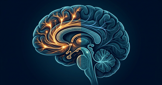 Brain cross-section showing nicotine stimulant effects — dopamine pathways glowing amber against calm blue neural background