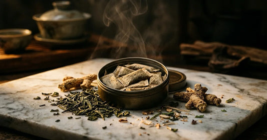 Open tin of caffeine pouches with green tea leaves and ginseng root on marble