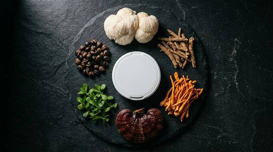 Nootropic pouch ingredients arranged in a circle: lion's mane mushroom, ashwagandha root, cordyceps, reishi mushroom, bacopa monnieri leaves, and guarana seeds around a pouch tin