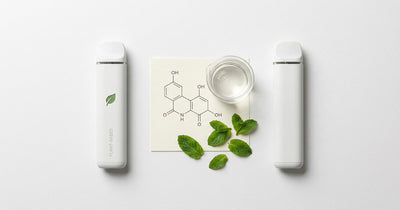 Two identical white vape devices with molecular structure diagram — plant-based vape marketing vs chemistry