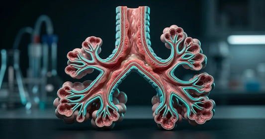 Anatomical model of human lung airways showing bronchioles with teal accent lighting