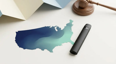 Stylized US map beside a nicotine-free vape device, representing 2026 state-by-state vape laws