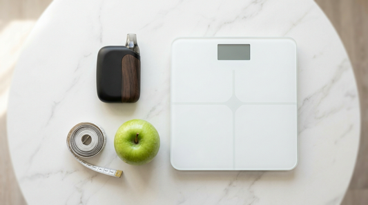 Vape device, bathroom scale, measuring tape, and green apple on white marble — does vaping make you lose weight?