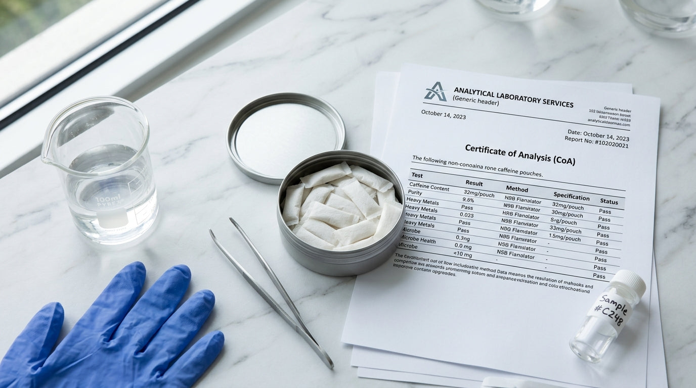Open caffeine pouch tin next to Certificate of Analysis document on laboratory surface with beaker, gloves, and sample vial — Focus Pouches lab testing